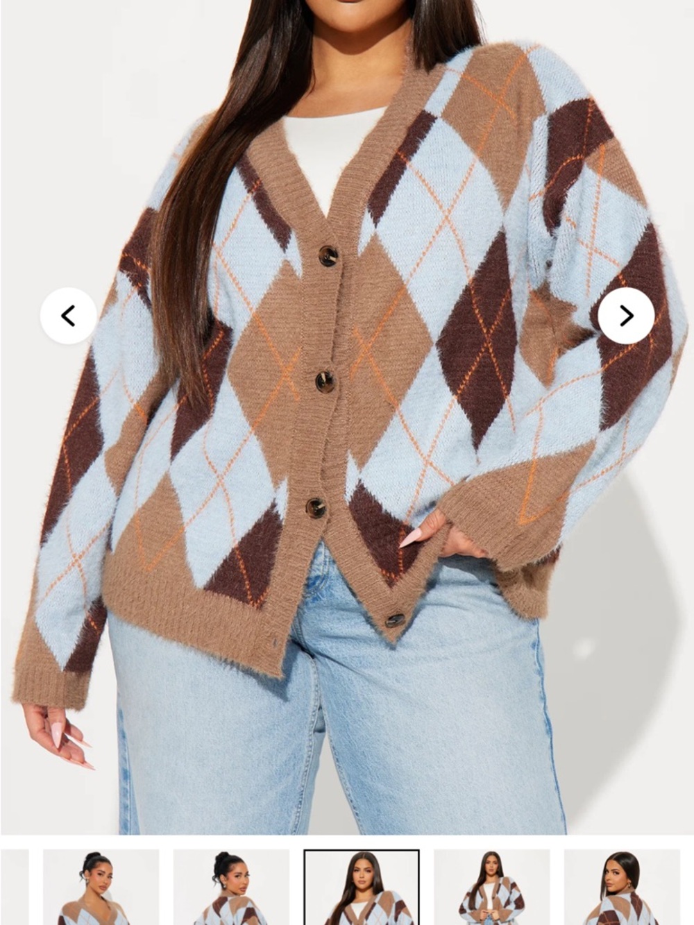 Fashion Nova Blue & Brown Argyle V-Neck Button Cardigan
